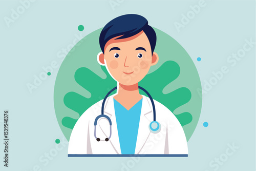 Friendly doctor in a white coat with a stethoscope against a light blue background