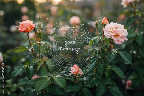 Good morning dewdrops on spiderweb among roses
