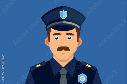 Police officer portrait showcasing uniform and badge in simplified illustration style against a solid blue background
