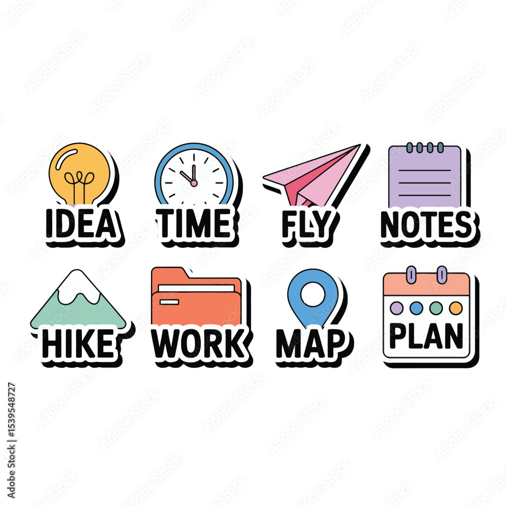 Obraz premium Icons represent idea time fly notes hike work map and plan isolated