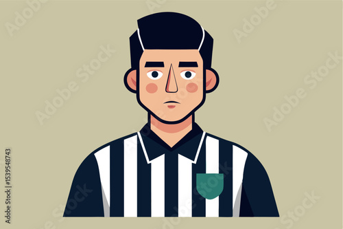 Referee in black and white stripes with a green badge standing against a neutral background