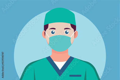 Healthcare professional wearing scrubs and a mask in a clean, modern medical environment during daytime hours