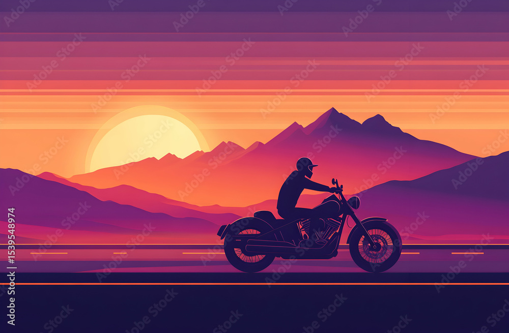 Fototapeta premium Motorcyclist riding at sunset