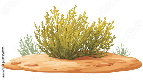 Digital illustration of a desert shrub with yellowish-green foliage situated on a small, light orange sand dune against a pure white background. The shrub is the central focus, with smaller,
