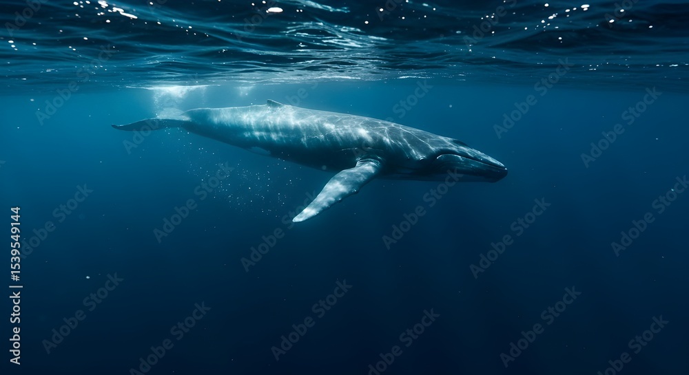 Fototapeta premium Blue whale swimming deep underwater