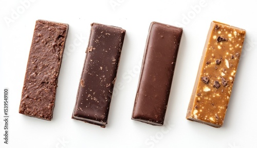 Four chocolate bars, various types, laid out in a row on a white surface
