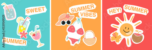 Set of Summer background layout design with summer elements and summer quotes. Square poster, greeting card, header for website, banner, social media. Vector illustration.