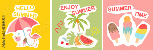 Set of Summer background layout design with summer elements and summer quotes. Square poster, greeting card, header for website, banner, social media. Vector illustration.