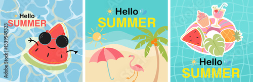 Set of Summer background layout design with summer elements and summer quotes. Square poster, greeting card, header for website, banner, social media. Vector illustration.