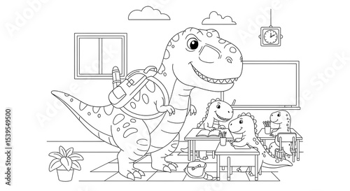 Dinosaur back to school coloring page for kids and adults, t rex in classroom, line art on transparent background