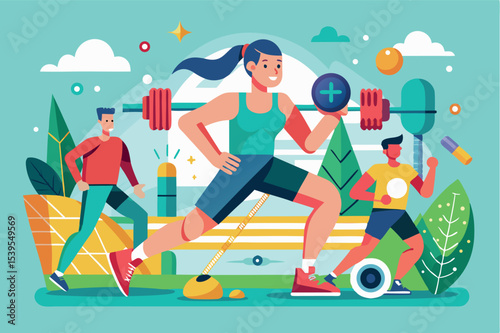 Active individuals engaged in fitness activities outdoors in a vibrant and colorful park during daytime