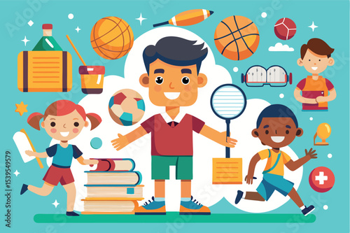 Children engaging in sports and playtime activities in a fun and colorful illustration featuring various athletic items