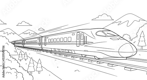 Train coloring page for kids and adults, bullet train illustration, railway coloring activity on transparent background