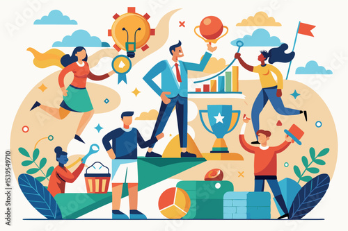 Celebrating teamwork and achievement through diverse activities in a colorful illustration