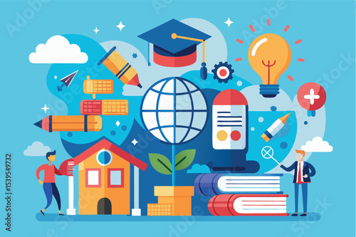 Educational concepts illustrated with books, tools, and symbols of learning in a vibrant design