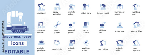 Editable industrial robot icons are perfect for automation, manufacturing, and tech visuals. Clean, scalable, and modern.