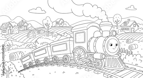 Train coloring page for kids, locomotive on tracks, farm landscape, printable activity sheet on transparent background