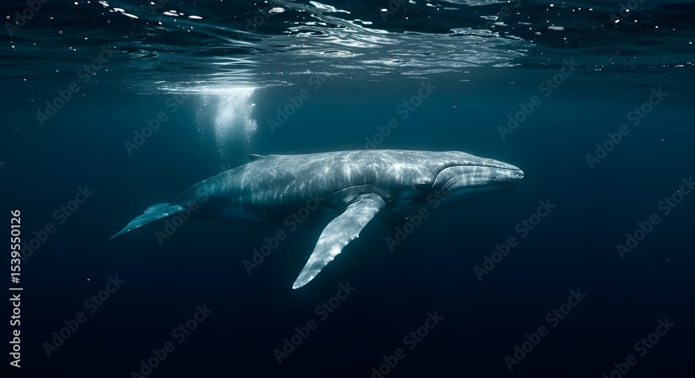 Fototapeta premium Blue whale swimming deep underwater