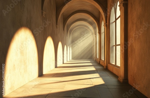Sunlit arched hallway with stone walls and windows