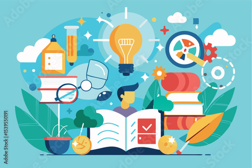 Educational creativity and innovation illustrated through a colorful design featuring books and lightbulbs