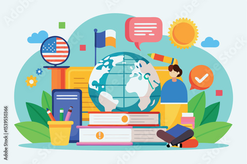 Colorful educational illustration featuring a globe, books, and symbols of international learning in a vibrant study environment