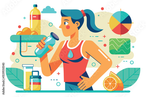 Person practicing healthy lifestyle by drinking water and analyzing nutrition information in an indoor setting during daytime