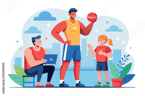 Basketball practice with a coach, player, and fan in an urban park during the day