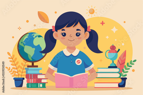 Young girl reading a book with plants and educational items around her in a cozy study setting
