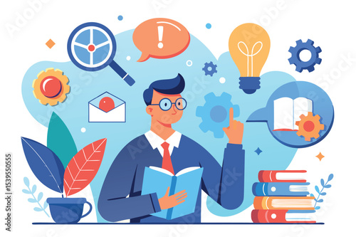 Creative professional brainstorming new ideas with various symbols and elements in a modern workspace