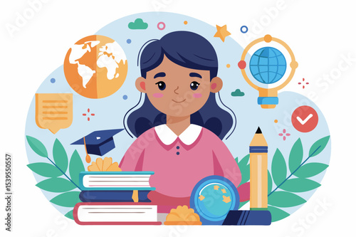 Girl studying in a colorful classroom surrounded by learning materials and educational symbols