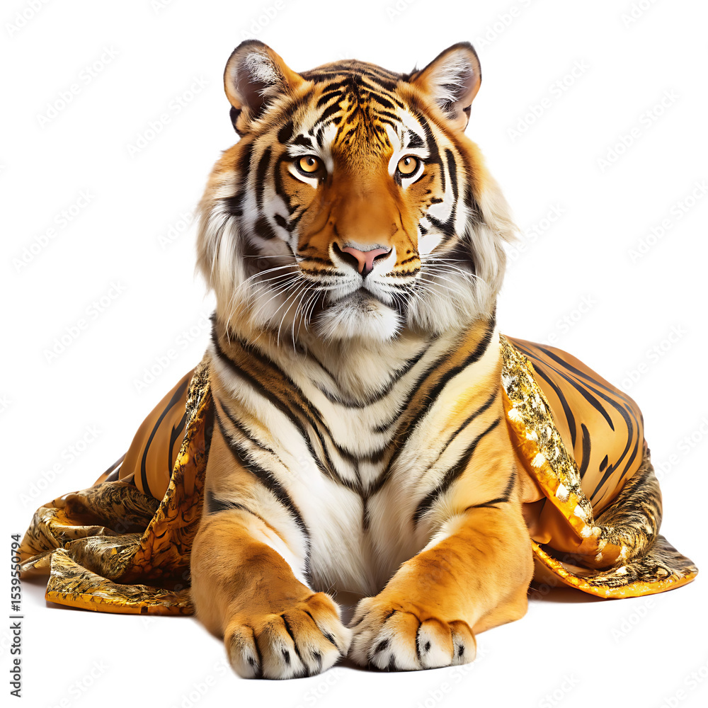 Obraz premium Majestic Orange and Black Bengal Tiger Lying Down on Gold Fabric Isolated on a Transparent Background A I Generated Transparent P N G