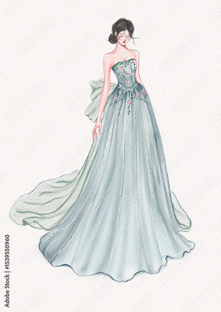 Fototapeta premium Fashion illustration.Stunning gown in a soft, light blue color. Strapless design with a fitted bodice and a flowing skirt that gracefully trails behind. beautiful bow adorns the back. formal occasion