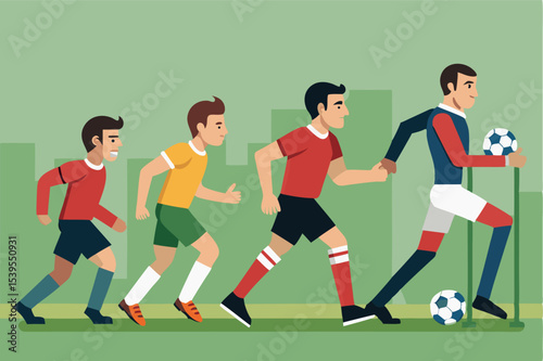 Young players progress in soccer skills over the years with varying jerseys and enthusiasm on a green field