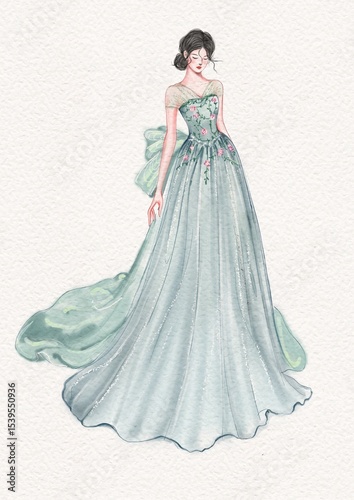 Fashion illustration.Stunning gown in a soft, light blue color. bodice and a flowing skirt that gracefully trails behind.  beautiful bow adorns the back. formal occasions. sophistication and glamour.