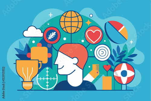 Engaging illustration of a person surrounded by diverse symbols representing interests and activities in a creative setting