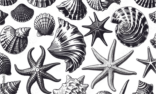  scalable vector illustration featuring a diverse collection of seashells and starfish, shell types—spiraled conchs, scalloped bivalves, and ridged clam shells, easily editable and scalable.