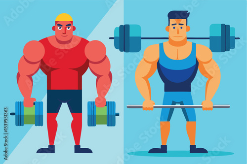 Two cartoon bodybuilders showcasing strength training with weights in a gym setting