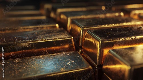 Close up of stacked shiny gold bars in rows on a dark surface showing wealth and security