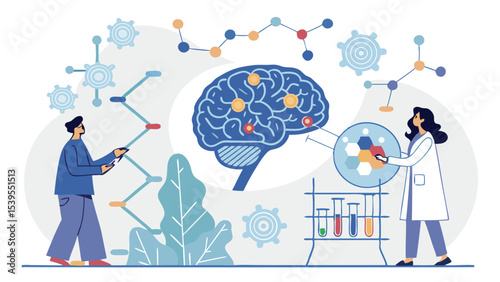 Modern Vector Art of AI Brain Analyzing Disease Pathways  