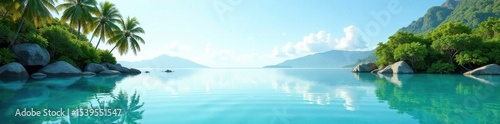 Crystal clear water mirrors lush palms, hazy silhouettes of islands on the horizon, nature, bright