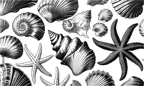  scalable vector illustration featuring a diverse collection of seashells and starfish, shell types—spiraled conchs, scalloped bivalves, and ridged clam shells, easily editable and scalable.