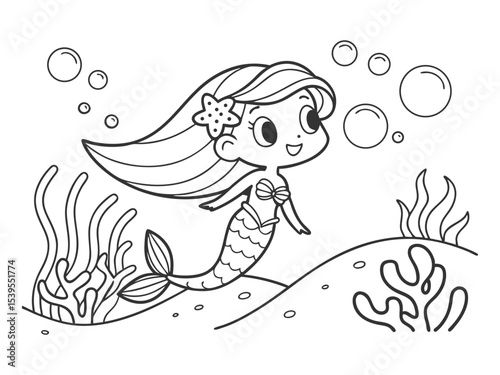 Cute little mermaid. Black and white illustration for coloring book