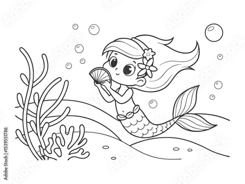 Cute little mermaid. Black and white illustration for coloring book