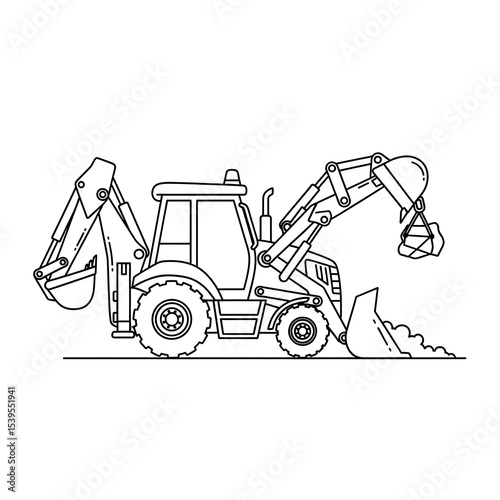 Backhoe loader line art vector, construction equipment illustration, excavator outline drawing on transparent background