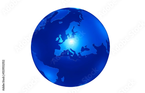Blue glass globe with illuminated europe map on black background