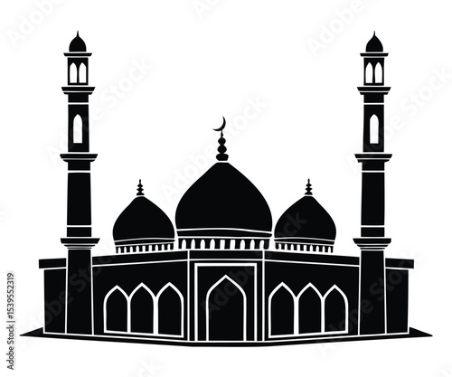 Black silhouette of Islamic mosque with minarets.