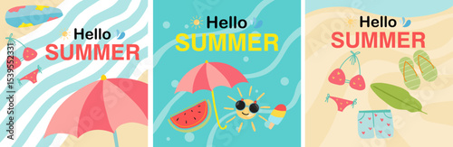 Set of Summer background layout design with summer elements and summer quotes. Square poster, greeting card, header for website, banner, social media. Vector illustration.