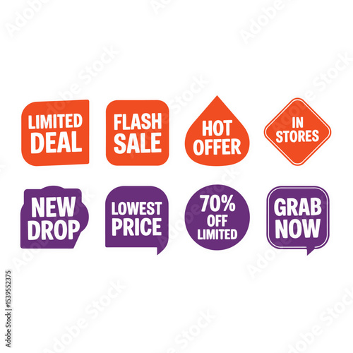Various promotional sale and discount badges isolated on white background