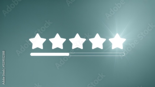 Glowing white star rating progress bar illustrating perfect five star customer satisfaction on teal background