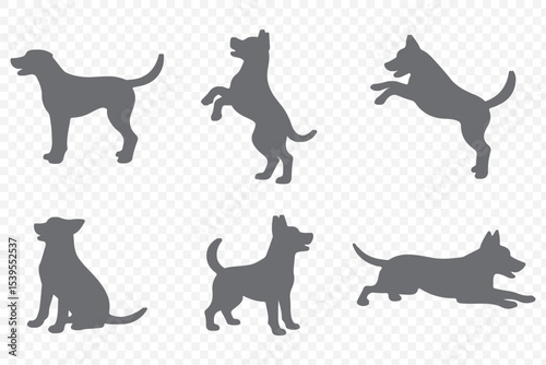 dogs in various poses on  white background.  Group of dogs various poses vector silhouettes collection. 
